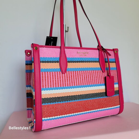 KATE SPADE Market Striped Woven Straw Medium Tote Bag-Wild Raspberry Multi ⭐ - Picture 2 of 16